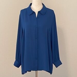 Paper Crane Crepe Blue Button Down Peplum Blouse Sz. MD